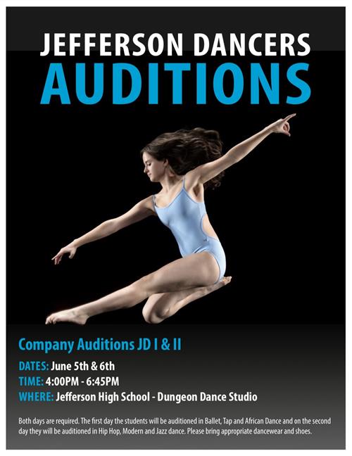Jefferson Dancers Company Auditions June 5th and 6th, 4-6:45pm at Jefferson HS 